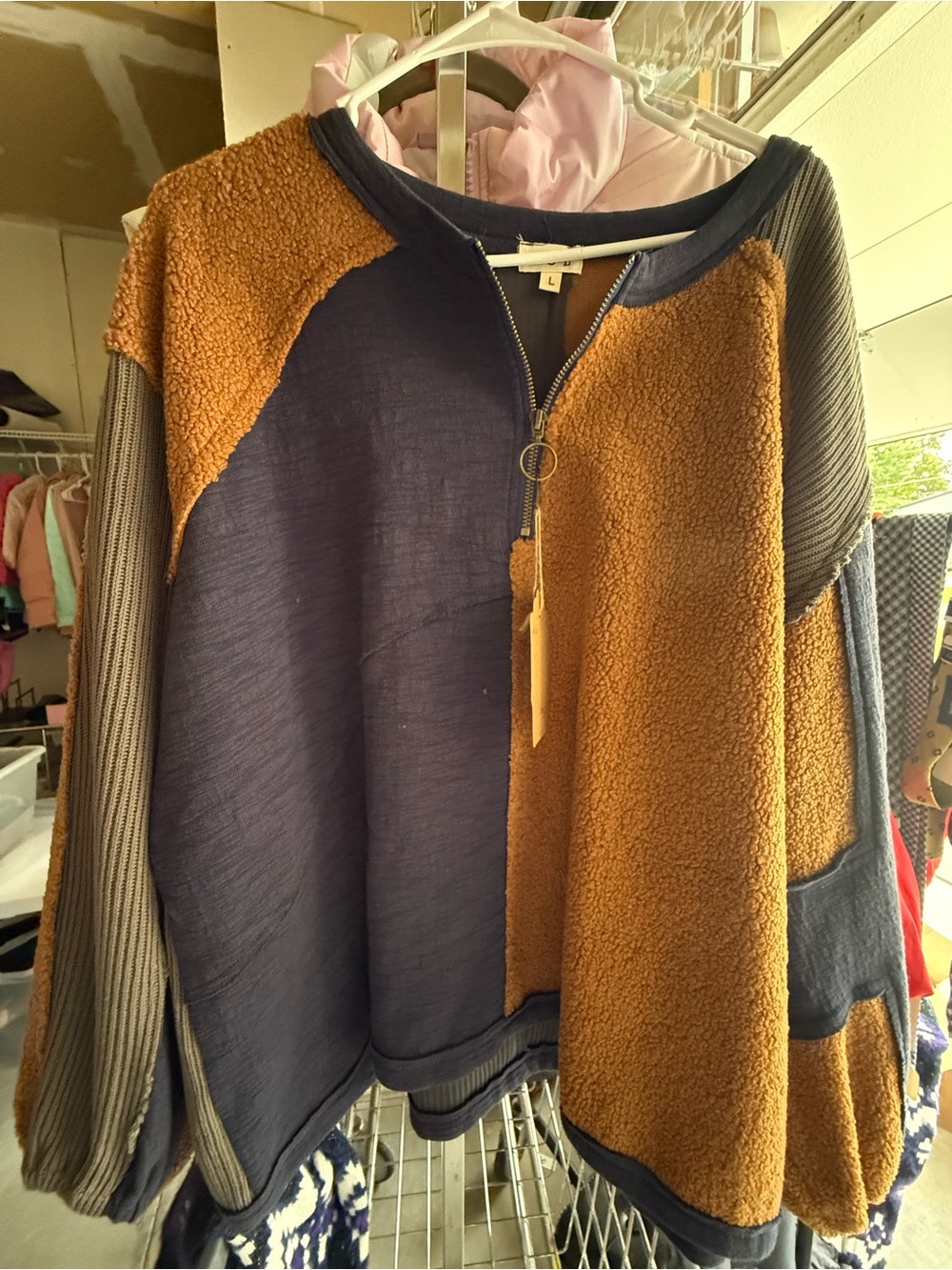 POL Schacket Patchwork Teddy Fleece Zip Cardigan - Navy & Brown
New